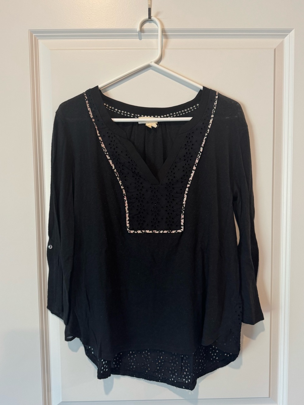 Meadow Rue Black Eyelet Split-Neck Tunic with Trim